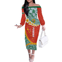 Penama Province Family Matching Off The Shoulder Long Sleeve Dress and Hawaiian Shirt Vanuatu Map - Plumeria Flag Color LT14 Mom's Dress Red - Polynesian Pride