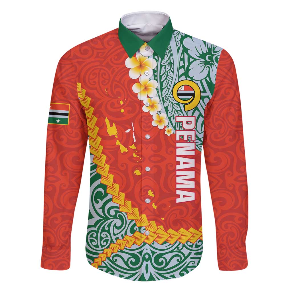 Penama Province Family Matching Off Shoulder Short Dress and Hawaiian Shirt Vanuatu Map - Plumeria Flag Color LT14 Dad's Shirt - Long Sleeve Red - Polynesian Pride