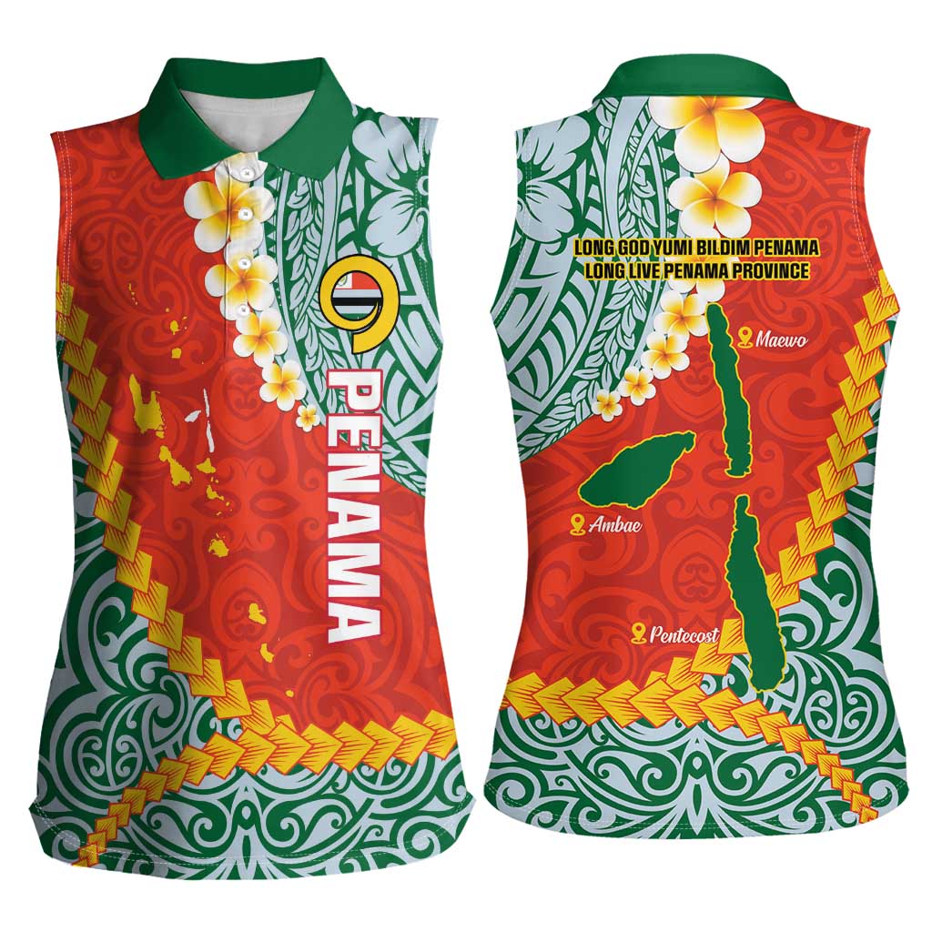 Penama Province Women Sleeveless Polo Shirt Vanuatu Map - Plumeria Flag Color