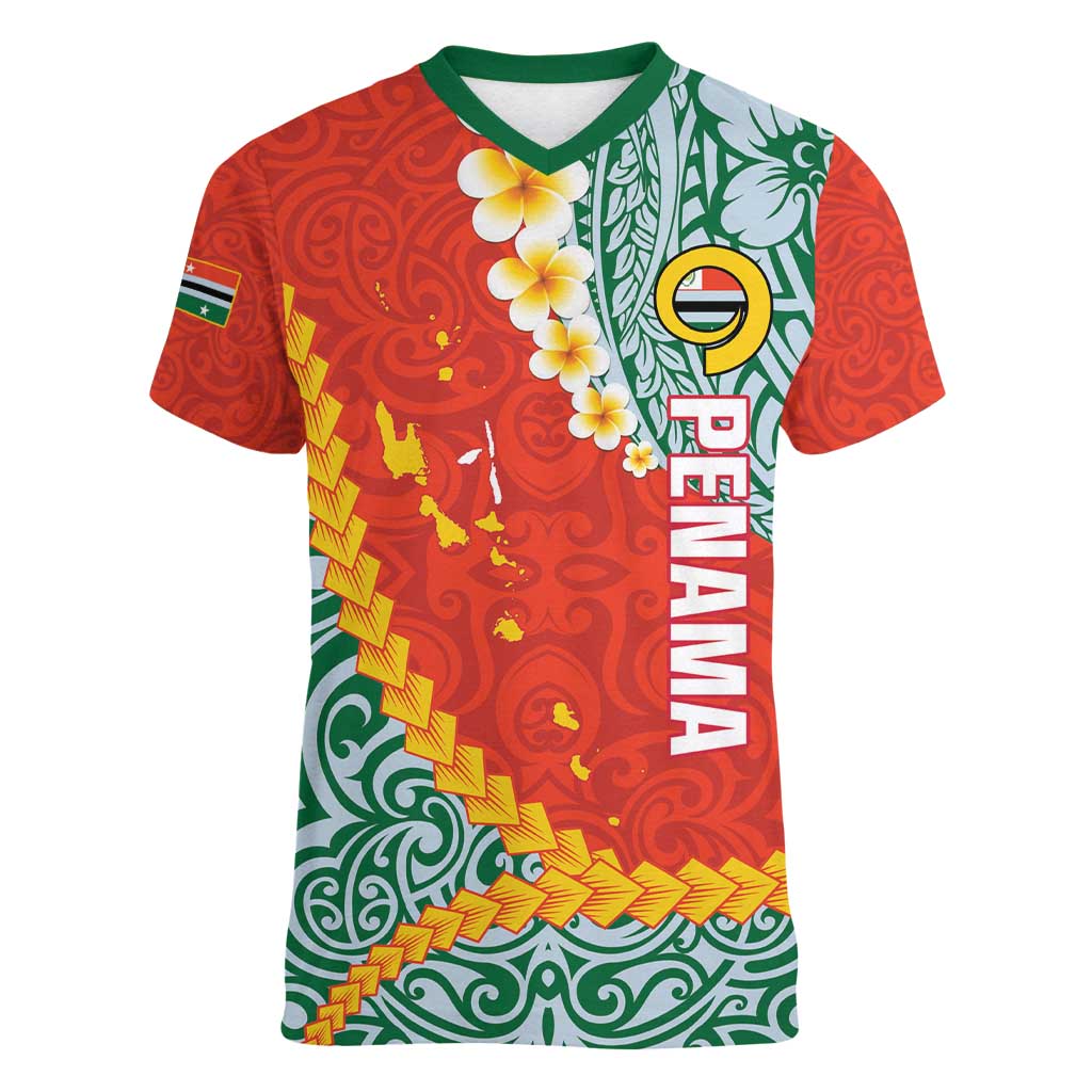Penama Province Women V-Neck T-Shirt Vanuatu Map - Plumeria Flag Color