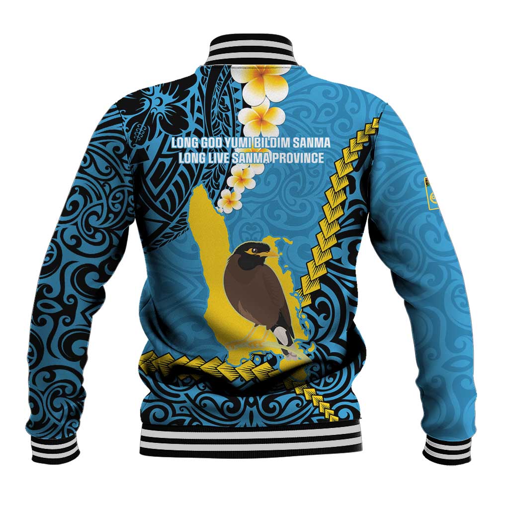 Sanma Province Baseball Jacket Vanuatu Pattern Myna Bird - Plumeria Flag Color