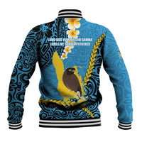 Sanma Province Baseball Jacket Vanuatu Pattern Myna Bird - Plumeria Flag Color