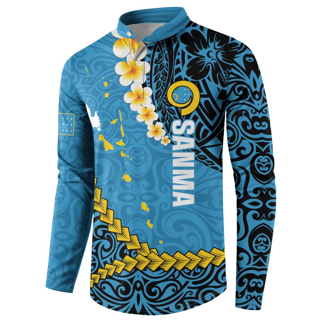 Sanma Province Button Sweatshirt Vanuatu Pattern Myna Bird - Plumeria Flag Color