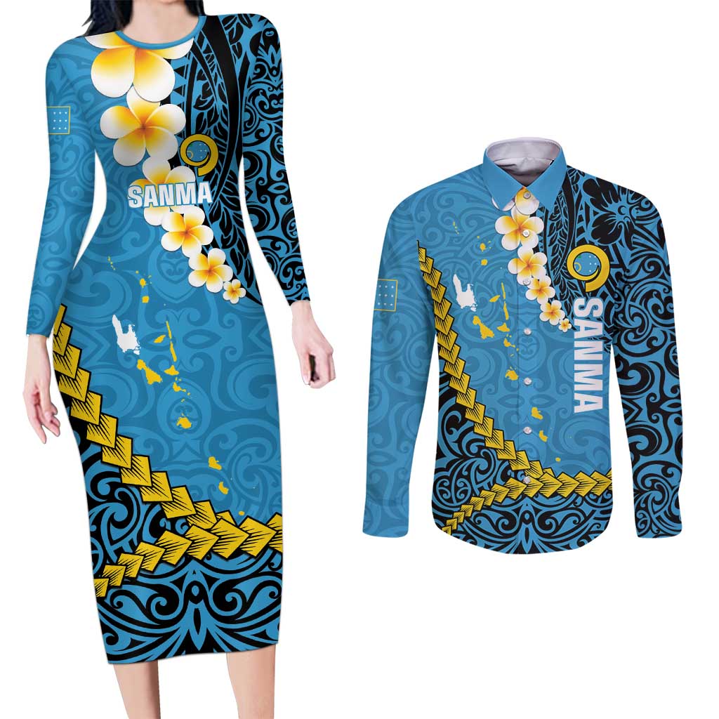 Sanma Province Couples Matching Long Sleeve Bodycon Dress and Long Sleeve Button Shirt Vanuatu Pattern Myna Bird - Plumeria Flag Color
