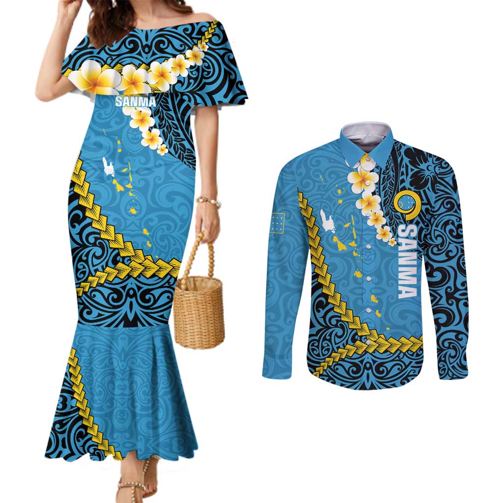 Sanma Province Couples Matching Mermaid Dress and Long Sleeve Button Shirt Vanuatu Pattern Myna Bird - Plumeria Flag Color
