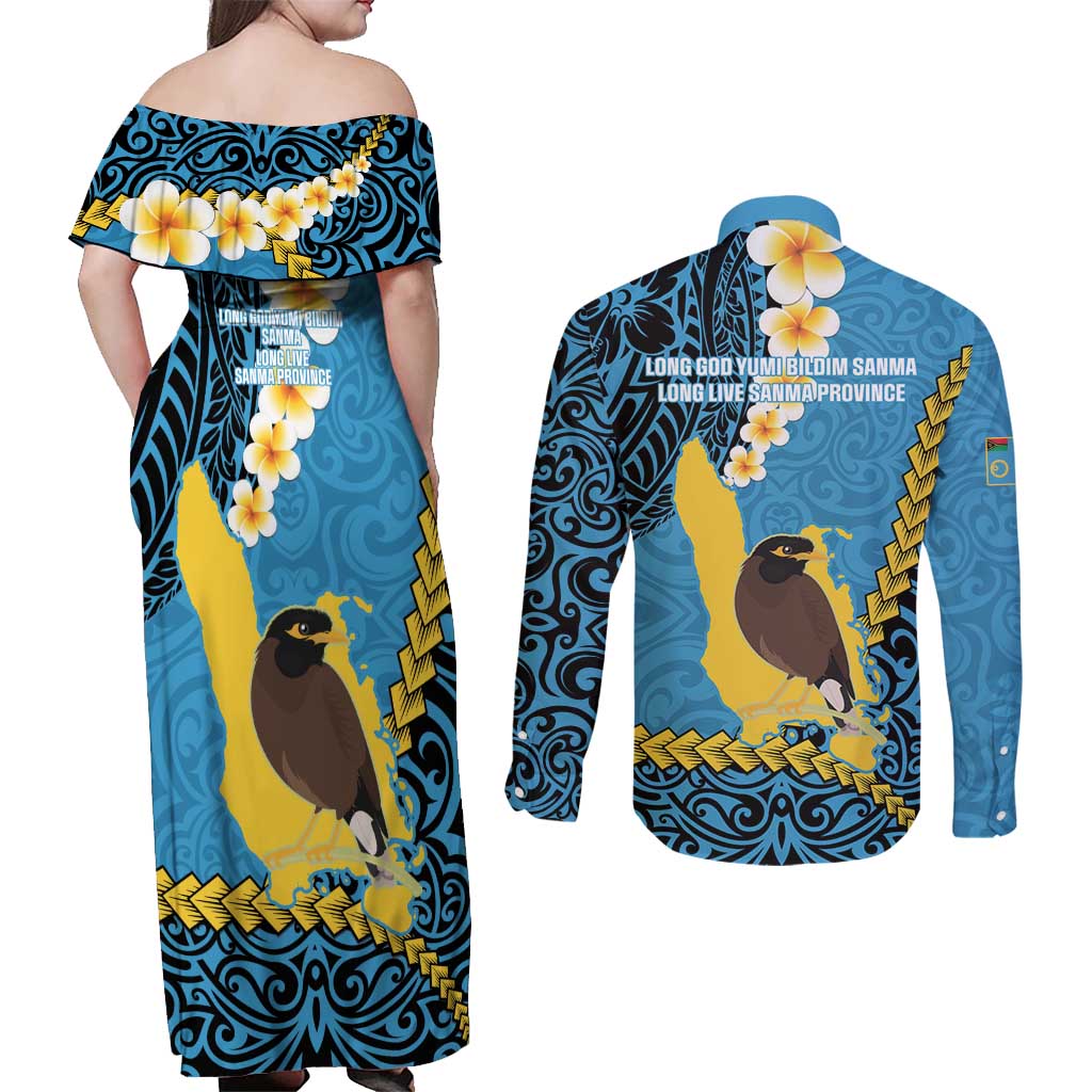 Sanma Province Couples Matching Off Shoulder Maxi Dress and Long Sleeve Button Shirt Vanuatu Pattern Myna Bird - Plumeria Flag Color