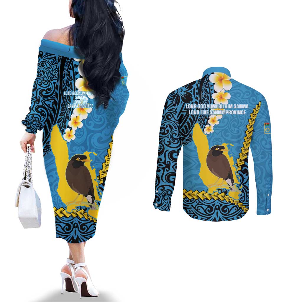 Sanma Province Couples Matching Off The Shoulder Long Sleeve Dress and Long Sleeve Button Shirt Vanuatu Pattern Myna Bird - Plumeria Flag Color