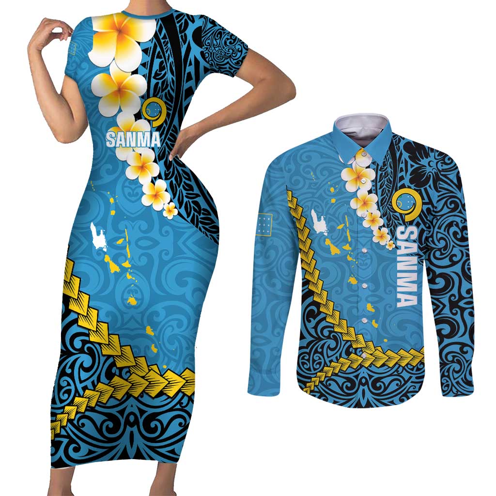 Sanma Province Couples Matching Short Sleeve Bodycon Dress and Long Sleeve Button Shirt Vanuatu Pattern Myna Bird - Plumeria Flag Color