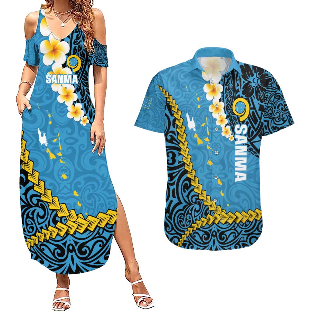 Sanma Province Couples Matching Summer Maxi Dress and Hawaiian Shirt Vanuatu Pattern Myna Bird - Plumeria Flag Color