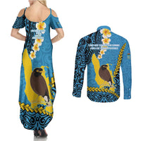 Sanma Province Couples Matching Summer Maxi Dress and Long Sleeve Button Shirt Vanuatu Pattern Myna Bird - Plumeria Flag Color