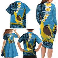 Sanma Province Family Matching Long Sleeve Bodycon Dress and Hawaiian Shirt Vanuatu Pattern Myna Bird - Plumeria Flag Color
