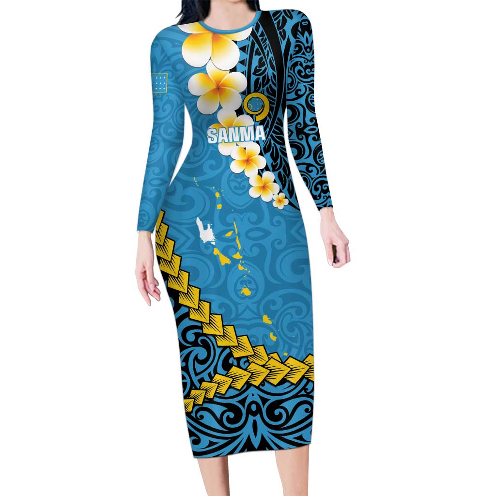 Sanma Province Family Matching Long Sleeve Bodycon Dress and Hawaiian Shirt Vanuatu Pattern Myna Bird - Plumeria Flag Color