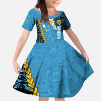 Sanma Province Family Matching Off The Shoulder Long Sleeve Dress and Hawaiian Shirt Vanuatu Pattern Myna Bird - Plumeria Flag Color LT14 Daughter's Dress Blue - Polynesian Pride