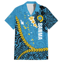 Sanma Province Family Matching Off The Shoulder Long Sleeve Dress and Hawaiian Shirt Vanuatu Pattern Myna Bird - Plumeria Flag Color LT14 Dad's Shirt - Short Sleeve Blue - Polynesian Pride
