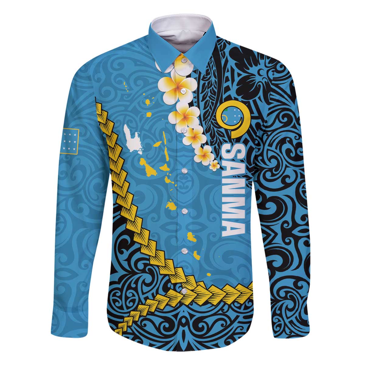 Sanma Province Family Matching Off The Shoulder Long Sleeve Dress and Hawaiian Shirt Vanuatu Pattern Myna Bird - Plumeria Flag Color LT14 Dad's Shirt - Long Sleeve Blue - Polynesian Pride