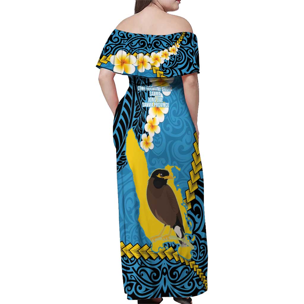 Sanma Province Family Matching Off Shoulder Maxi Dress and Hawaiian Shirt Vanuatu Pattern Myna Bird - Plumeria Flag Color