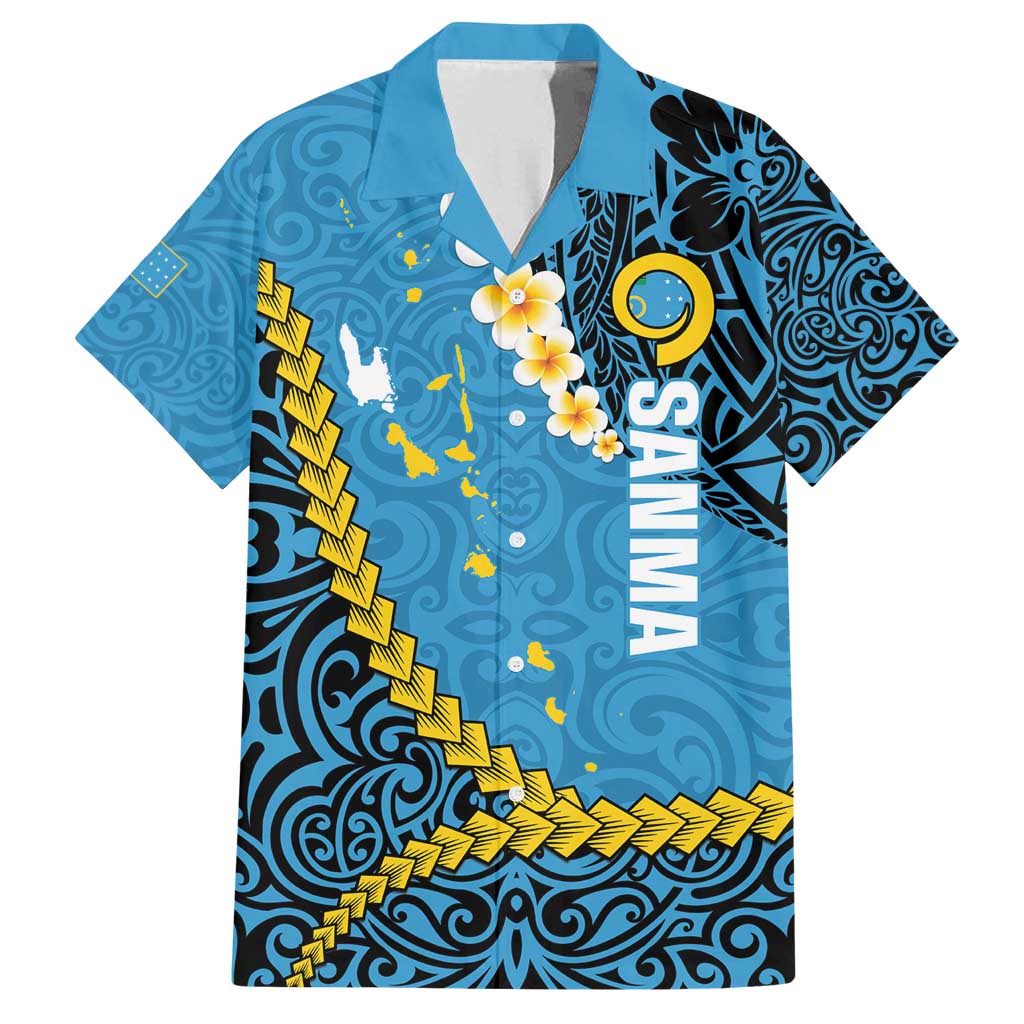 Sanma Province Family Matching Off Shoulder Short Dress and Hawaiian Shirt Vanuatu Pattern Myna Bird - Plumeria Flag Color LT14 Dad's Shirt - Short Sleeve Blue - Polynesian Pride