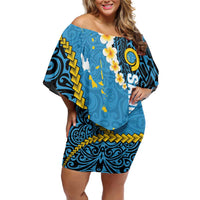 Sanma Province Family Matching Off Shoulder Short Dress and Hawaiian Shirt Vanuatu Pattern Myna Bird - Plumeria Flag Color LT14 Mom's Dress Blue - Polynesian Pride