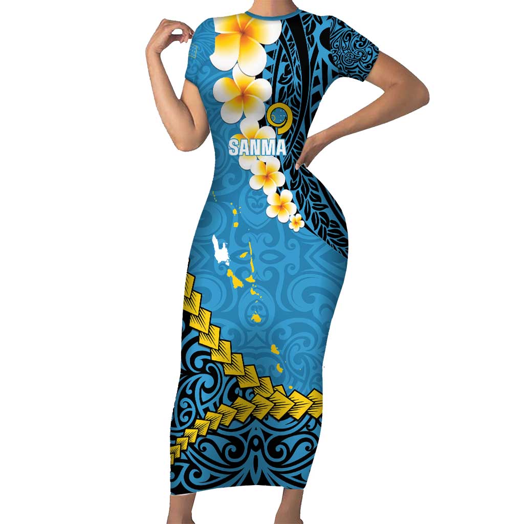 Sanma Province Family Matching Short Sleeve Bodycon Dress and Hawaiian Shirt Vanuatu Pattern Myna Bird - Plumeria Flag Color