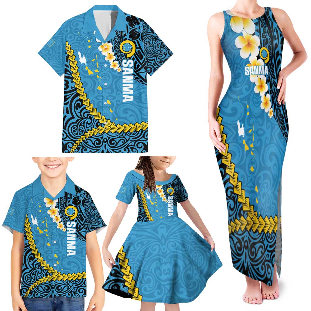 Sanma Province Family Matching Tank Maxi Dress and Hawaiian Shirt Vanuatu Pattern Myna Bird - Plumeria Flag Color LT14 - Polynesian Pride
