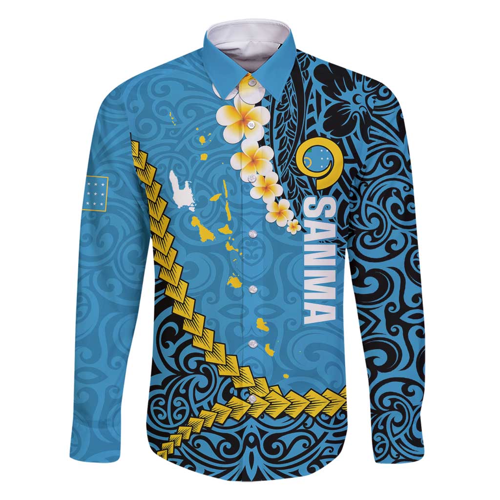 Sanma Province Family Matching Tank Maxi Dress and Hawaiian Shirt Vanuatu Pattern Myna Bird - Plumeria Flag Color LT14 Dad's Shirt - Long Sleeve Blue - Polynesian Pride