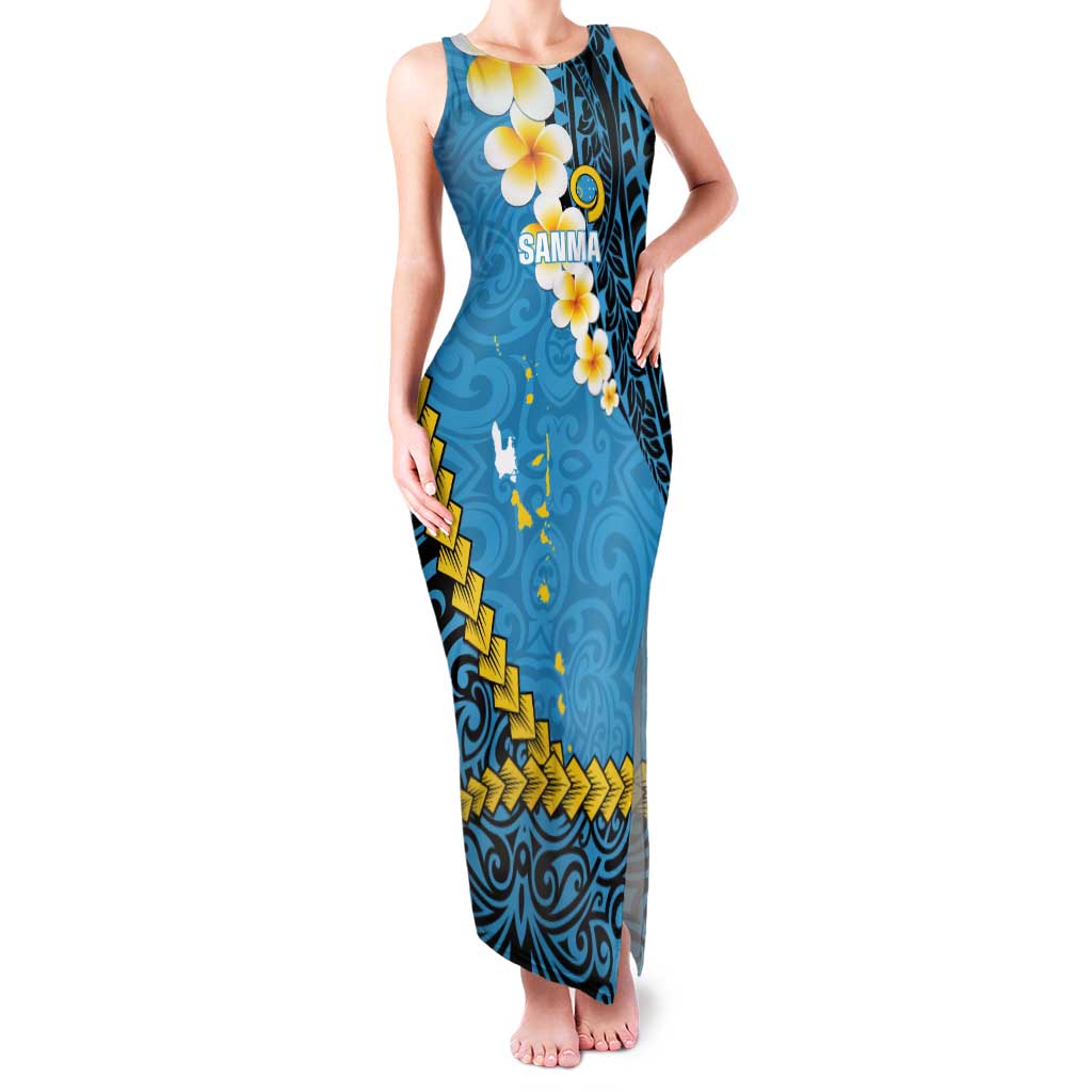 Sanma Province Family Matching Tank Maxi Dress and Hawaiian Shirt Vanuatu Pattern Myna Bird - Plumeria Flag Color LT14 Mom's Dress Blue - Polynesian Pride
