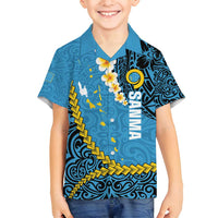 Sanma Province Family Matching Tank Maxi Dress and Hawaiian Shirt Vanuatu Pattern Myna Bird - Plumeria Flag Color LT14 Son's Shirt Blue - Polynesian Pride