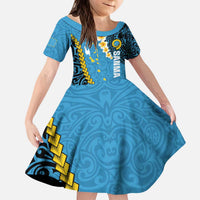 Sanma Province Kid Short Sleeve Dress Vanuatu Pattern Myna Bird - Plumeria Flag Color