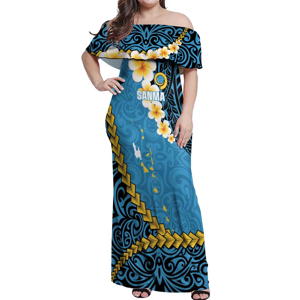 Sanma Province Off Shoulder Maxi Dress Vanuatu Pattern Myna Bird - Plumeria Flag Color