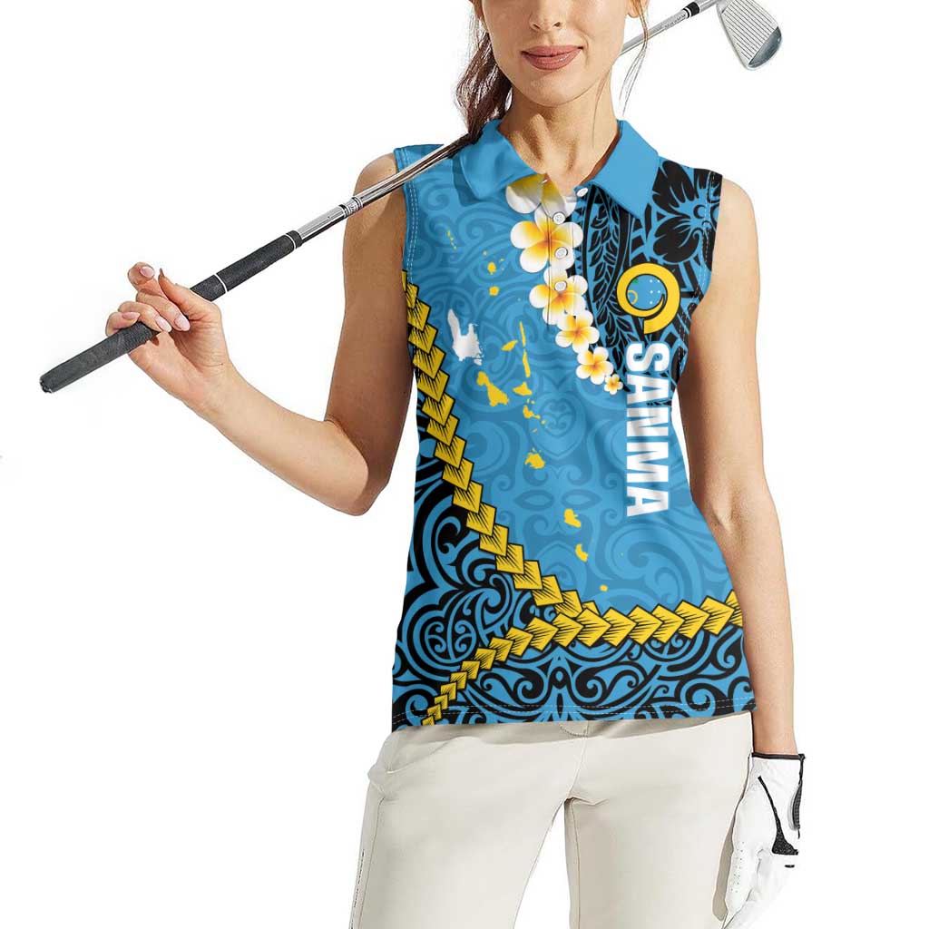 Sanma Province Women Sleeveless Polo Shirt Vanuatu Pattern Myna Bird - Plumeria Flag Color
