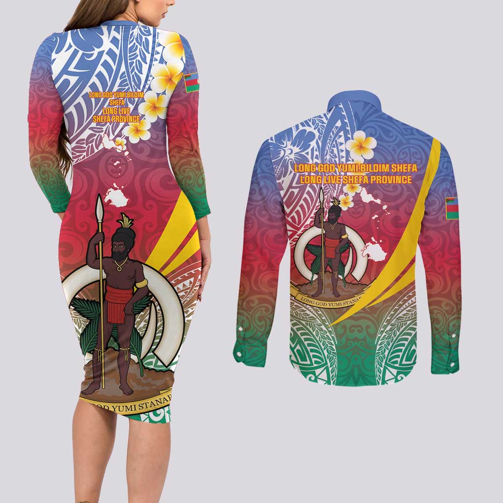 Shefa Province Couples Matching Long Sleeve Bodycon Dress and Long Sleeve Button Shirt Vanuatu Pattern Map - Plumeria Flag Color