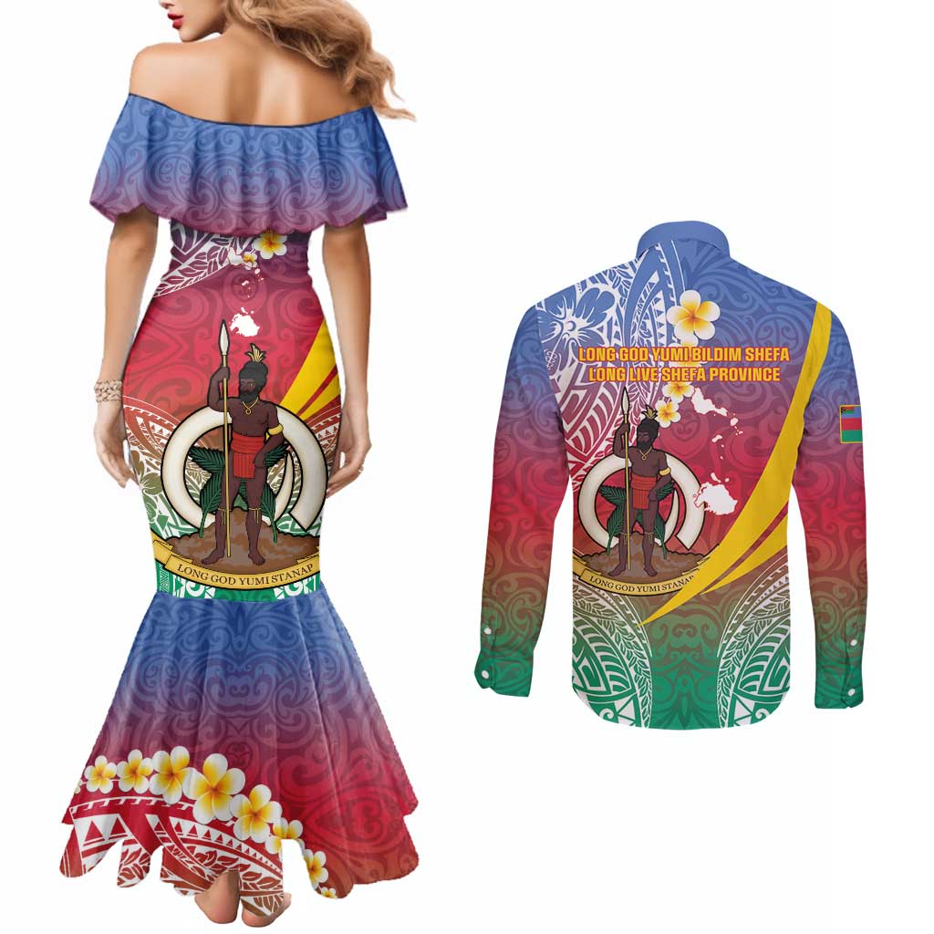 Shefa Province Couples Matching Mermaid Dress and Long Sleeve Button Shirt Vanuatu Pattern Map - Plumeria Flag Color