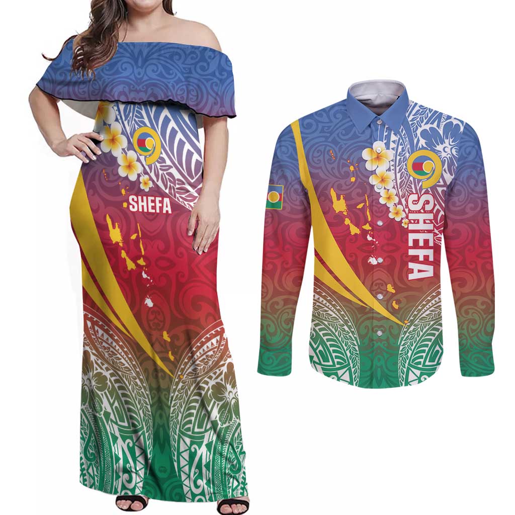 Shefa Province Couples Matching Off Shoulder Maxi Dress and Long Sleeve Button Shirt Vanuatu Pattern Map - Plumeria Flag Color