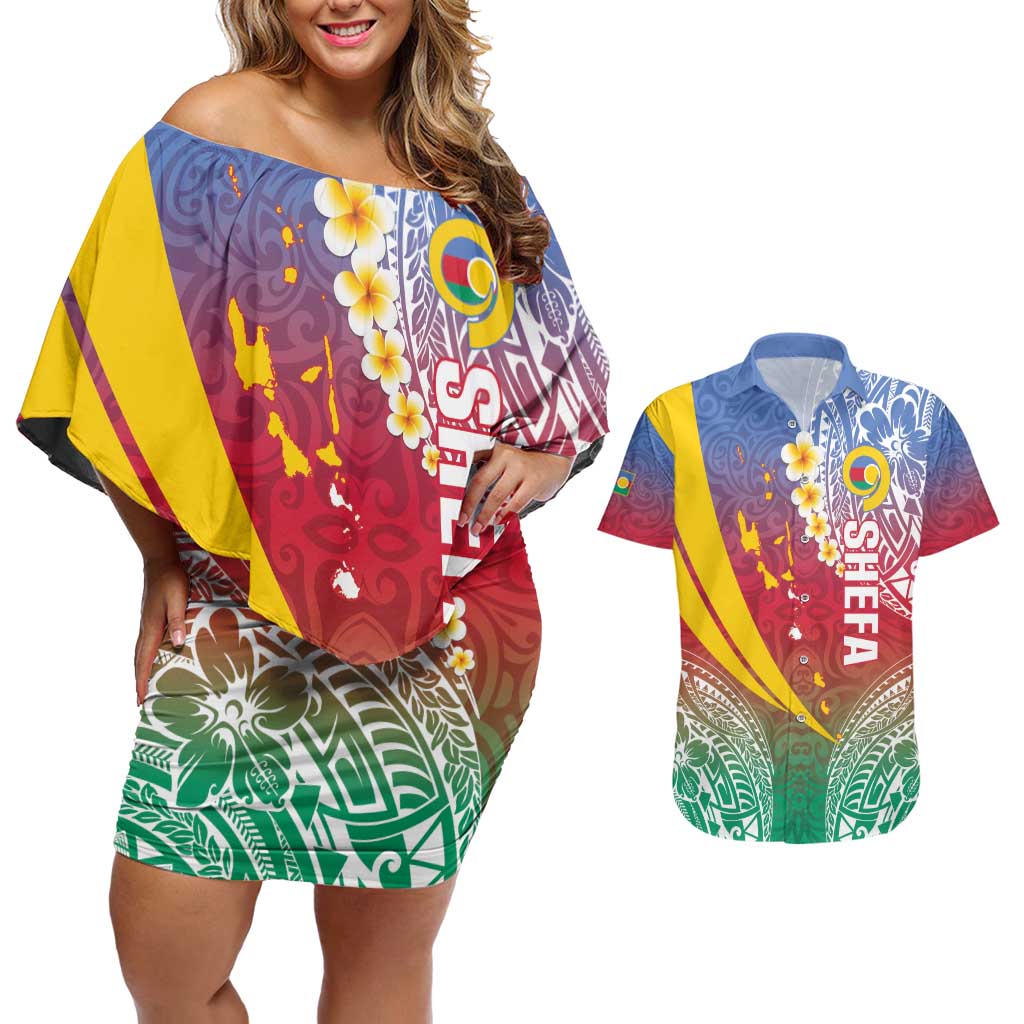 Shefa Province Couples Matching Off Shoulder Short Dress and Hawaiian Shirt Vanuatu Pattern Map - Plumeria Flag Color