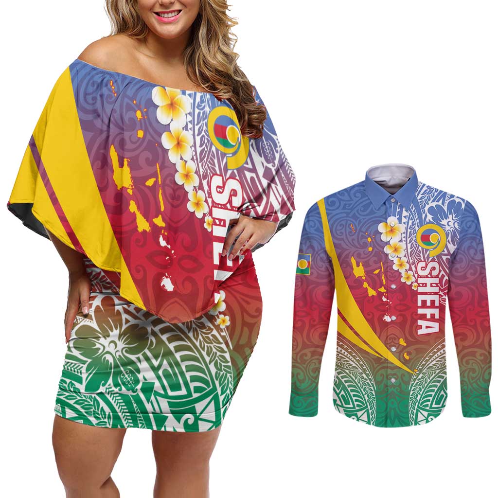 Shefa Province Couples Matching Off Shoulder Short Dress and Long Sleeve Button Shirt Vanuatu Pattern Map - Plumeria Flag Color