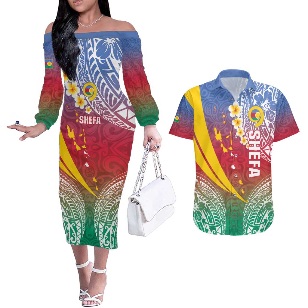 Shefa Province Couples Matching Off The Shoulder Long Sleeve Dress and Hawaiian Shirt Vanuatu Pattern Map - Plumeria Flag Color