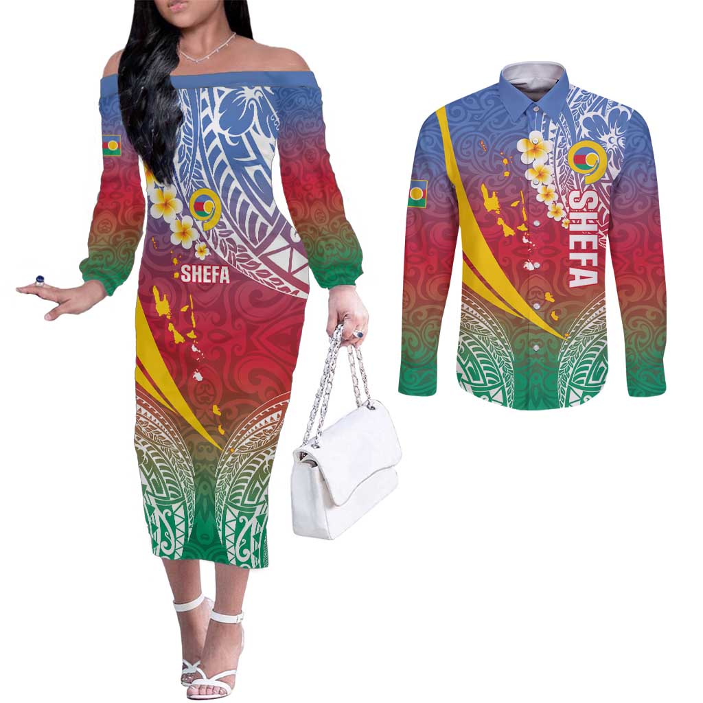 Shefa Province Couples Matching Off The Shoulder Long Sleeve Dress and Long Sleeve Button Shirt Vanuatu Pattern Map - Plumeria Flag Color
