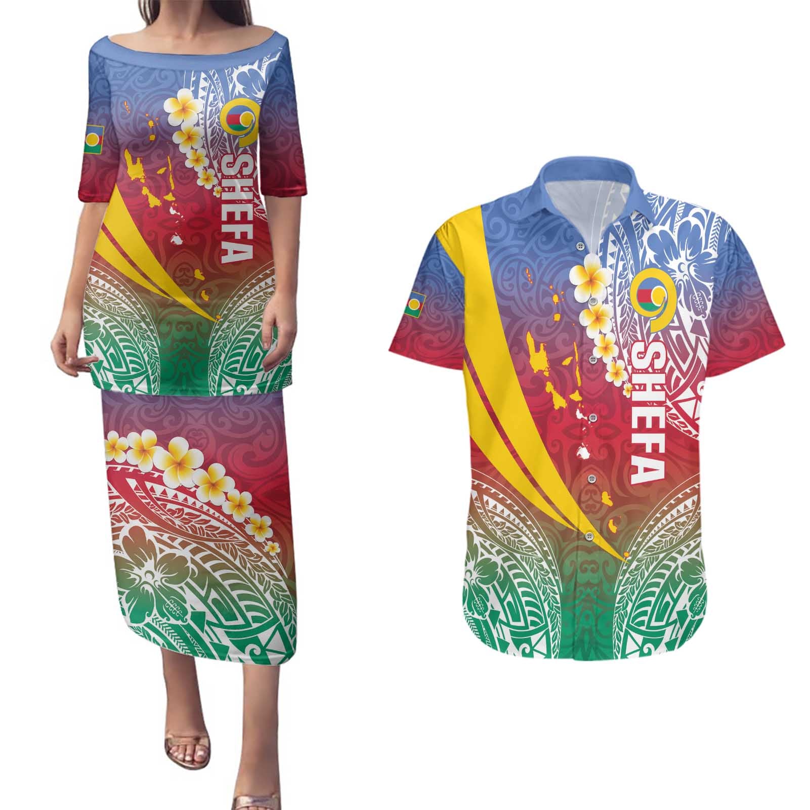 Shefa Province Couples Matching Puletasi and Hawaiian Shirt Vanuatu Pattern Map - Plumeria Flag Color