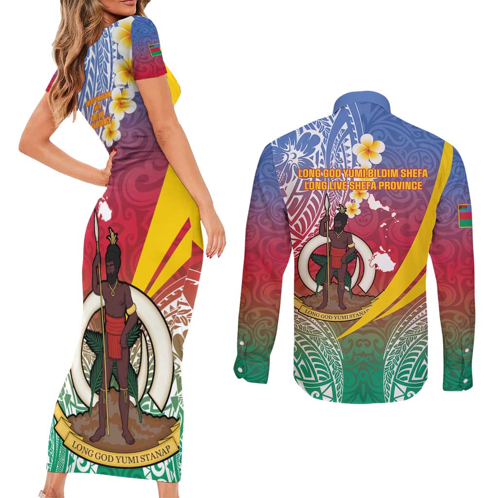 Shefa Province Couples Matching Short Sleeve Bodycon Dress and Long Sleeve Button Shirt Vanuatu Pattern Map - Plumeria Flag Color