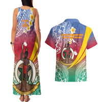 Shefa Province Couples Matching Tank Maxi Dress and Hawaiian Shirt Vanuatu Pattern Map - Plumeria Flag Color