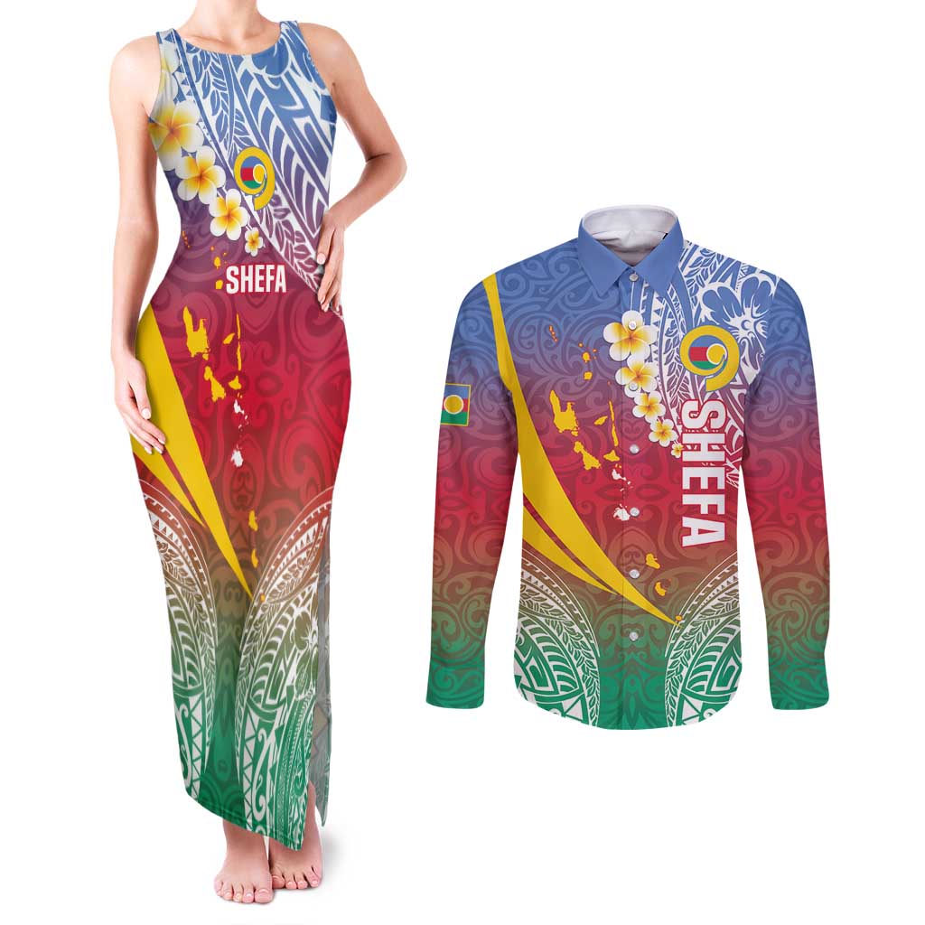 Shefa Province Couples Matching Tank Maxi Dress and Long Sleeve Button Shirt Vanuatu Pattern Map - Plumeria Flag Color