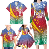 Shefa Province Family Matching Long Sleeve Bodycon Dress and Hawaiian Shirt Vanuatu Pattern Map - Plumeria Flag Color