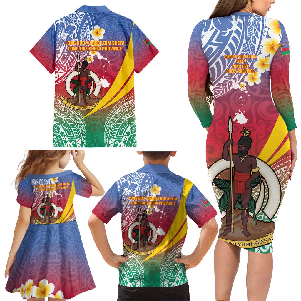 Shefa Province Family Matching Long Sleeve Bodycon Dress and Hawaiian Shirt Vanuatu Pattern Map - Plumeria Flag Color