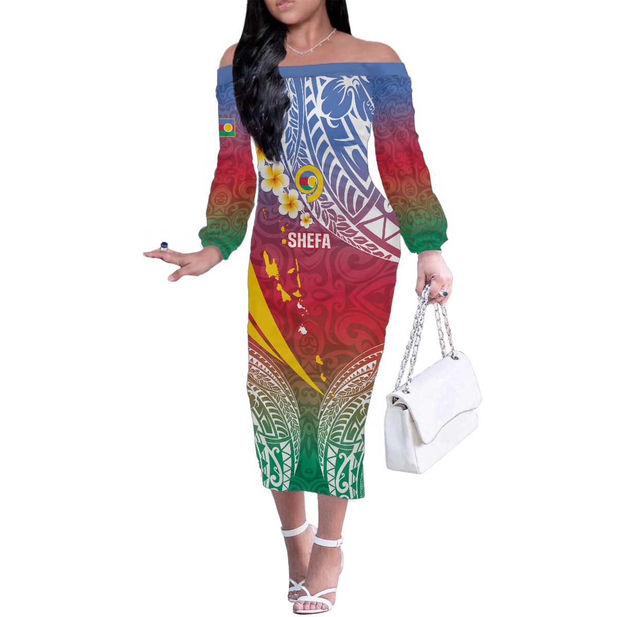 Shefa Province Family Matching Off The Shoulder Long Sleeve Dress and Hawaiian Shirt Vanuatu Pattern Map - Plumeria Flag Color LT14 Mom's Dress Red - Polynesian Pride