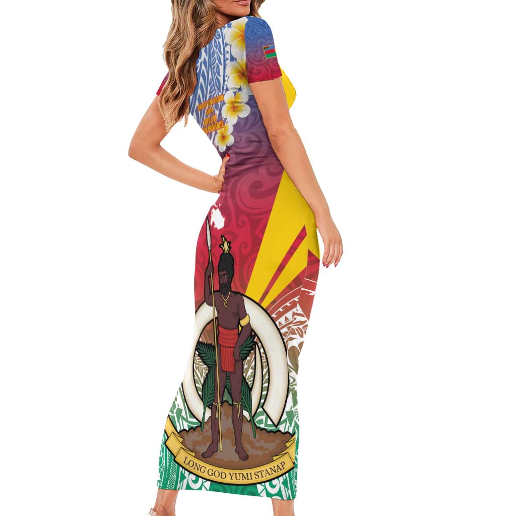 Shefa Province Short Sleeve Bodycon Dress Vanuatu Pattern Map - Plumeria Flag Color