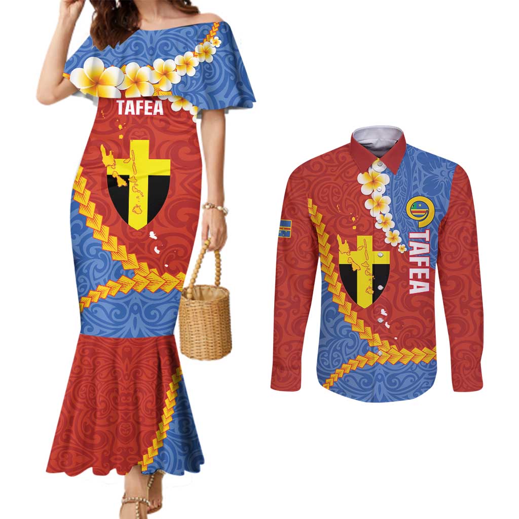 Tafea Province Couples Matching Mermaid Dress and Long Sleeve Button Shirt Vanuatu Pattern Map - Plumeria Flag Color