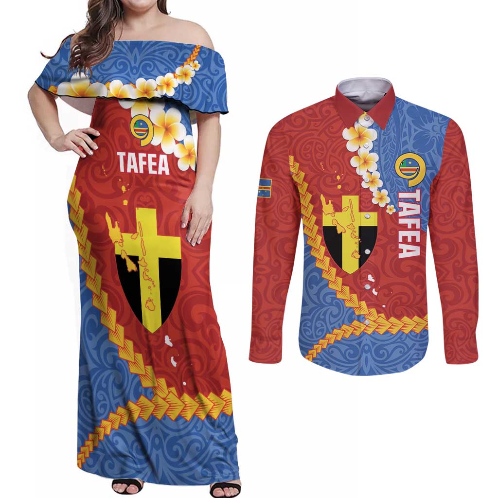 Tafea Province Couples Matching Off Shoulder Maxi Dress and Long Sleeve Button Shirt Vanuatu Pattern Map - Plumeria Flag Color