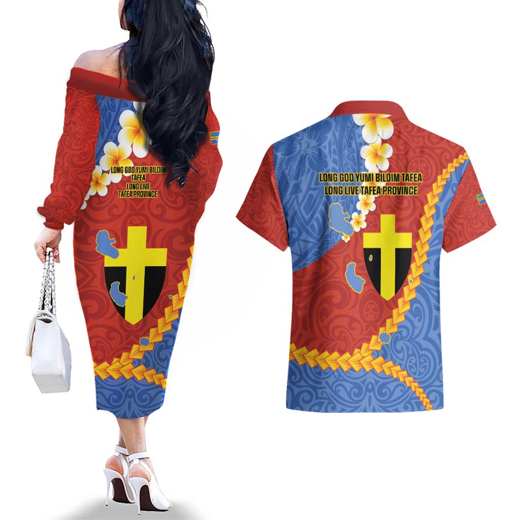 Tafea Province Couples Matching Off The Shoulder Long Sleeve Dress and Hawaiian Shirt Vanuatu Pattern Map - Plumeria Flag Color