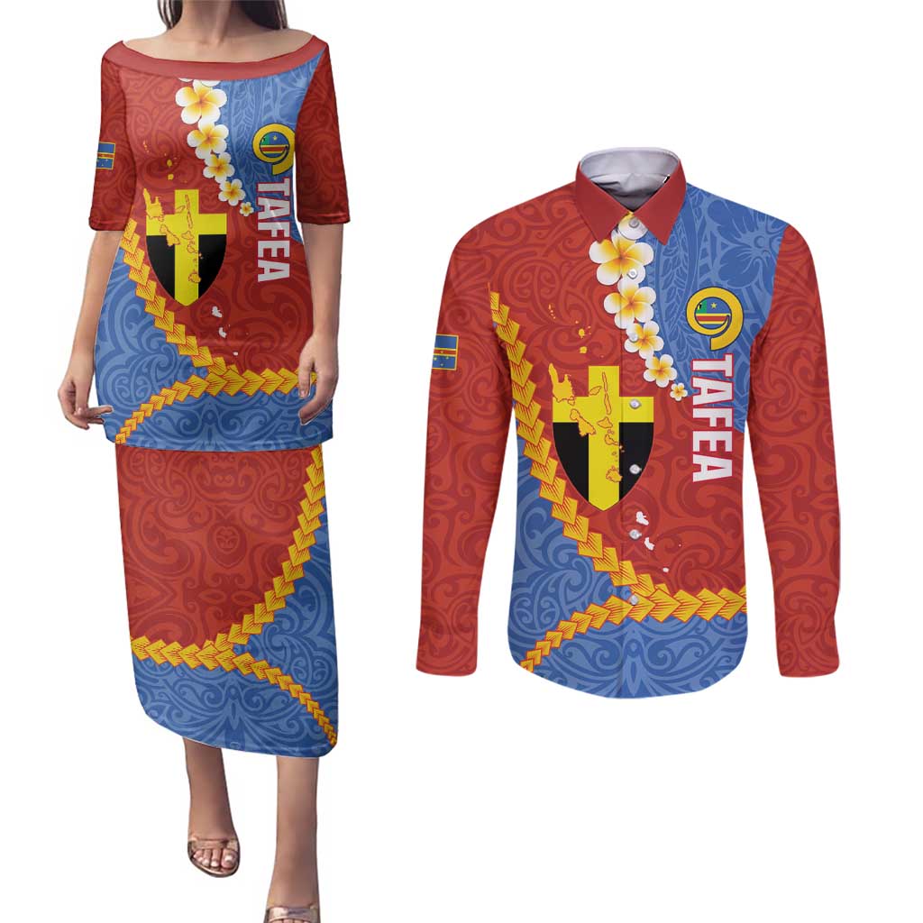 Tafea Province Couples Matching Puletasi and Long Sleeve Button Shirt Vanuatu Pattern Map - Plumeria Flag Color