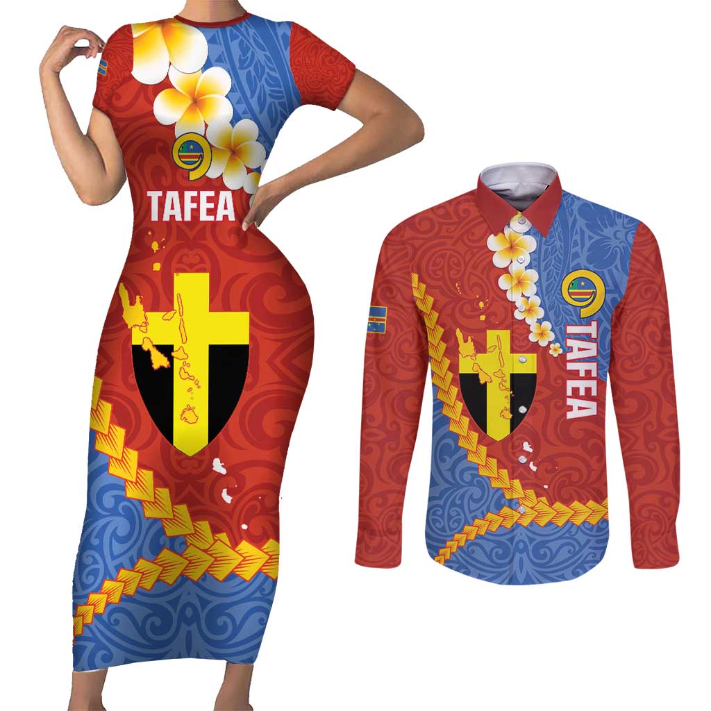 Tafea Province Couples Matching Short Sleeve Bodycon Dress and Long Sleeve Button Shirt Vanuatu Pattern Map - Plumeria Flag Color